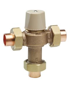 Watts 0559118 3/4 In Lead Free Thermostatic Mixing Valve, Solder Union End Connections, Adjustable Out 80-120 F